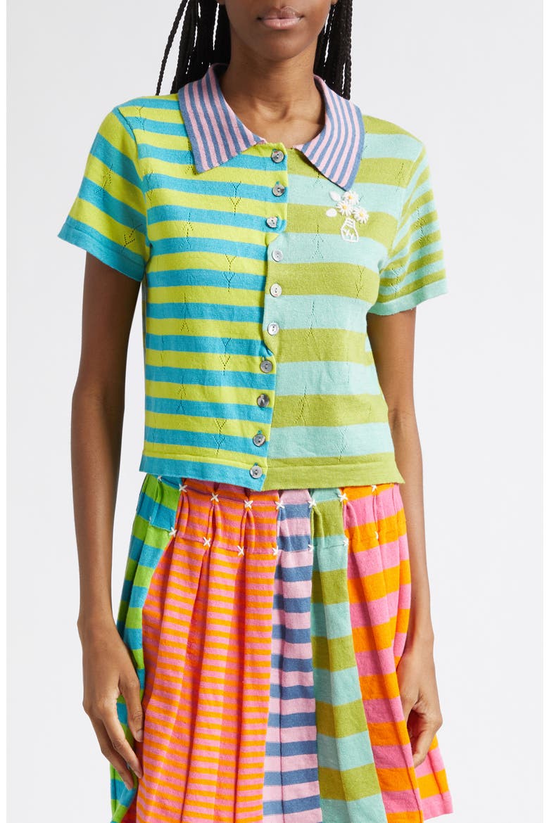 Daisy Stripe Linen Blend Y-Pointelle Cardigan, Main, color, LIME MULTI