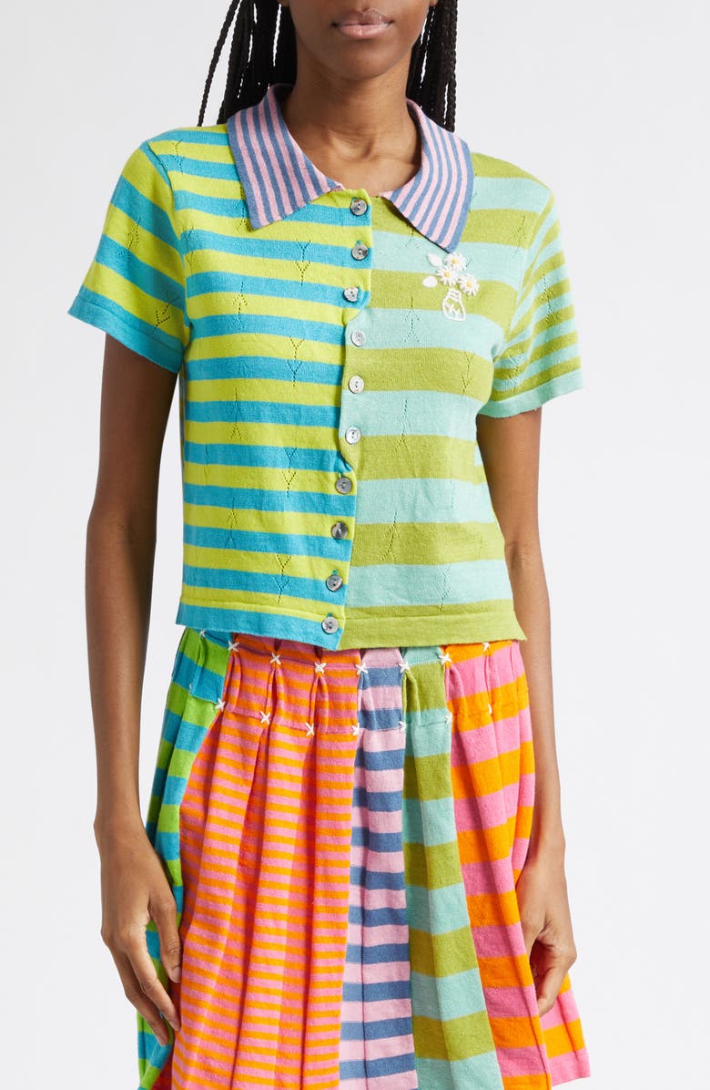 YanYan Daisy Stripe Linen Blend Y-Pointelle Cardigan, Main, color, Lime Multi