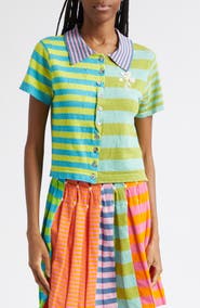 YanYan Daisy Stripe Linen Blend Y-Pointelle Cardigan