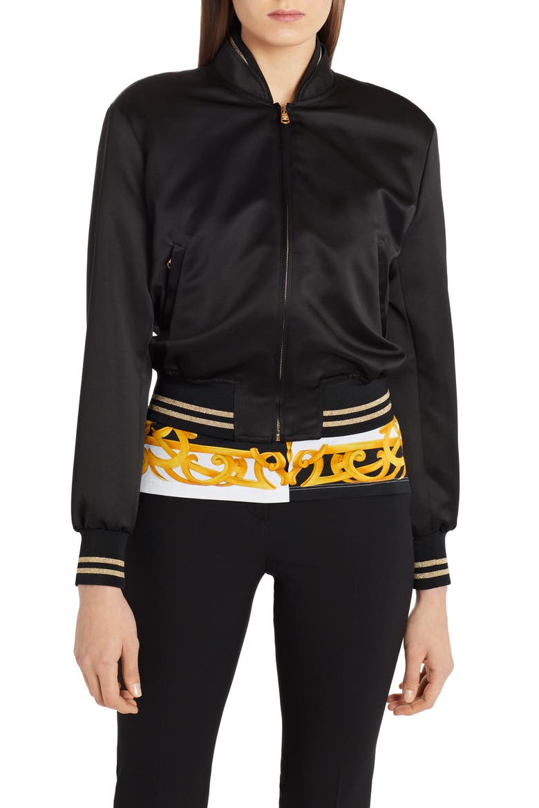 Embroidered Medusa Logo Back Satin Bomber Jacket, Alternate, color, BLACK