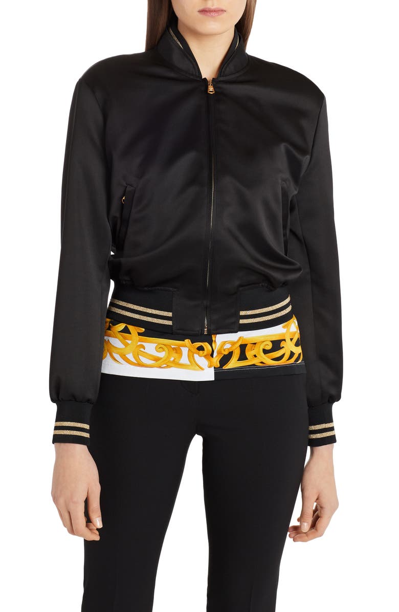 Versace Embroidered Medusa Logo Back Satin Bomber Jacket, Alternate, color, 