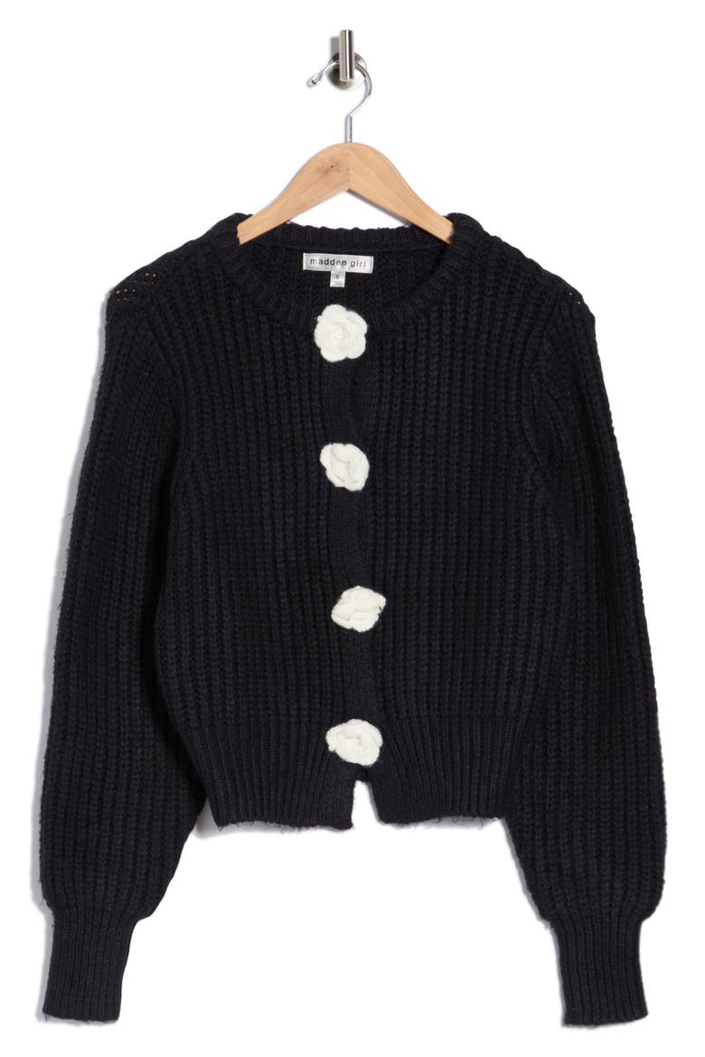 Flower Appliqué Cardigan, Alternate, color, BLACK
