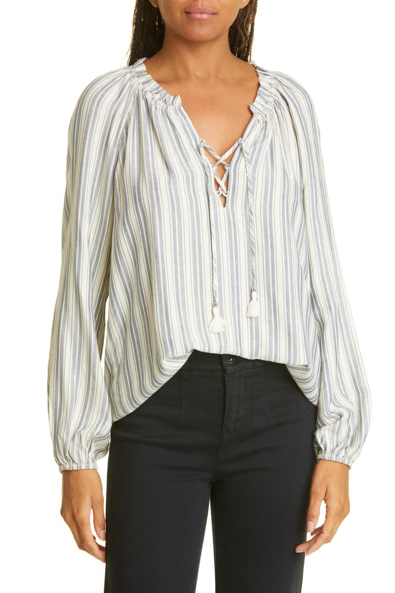 Karra Stripe Ruffle Top, Main, color, NAVY/ CREAM