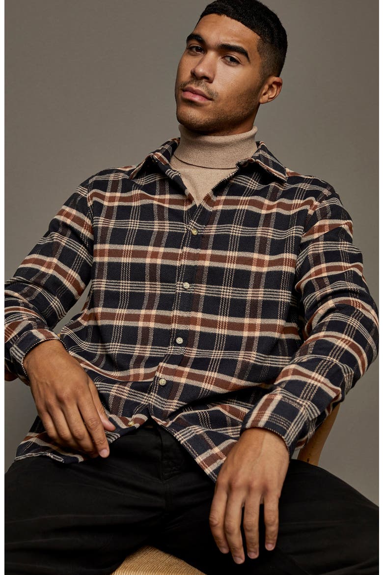 Slim Fit Plaid Brushed Flannel Button-Up Shirt, Alternate, color, NAVY BLUE