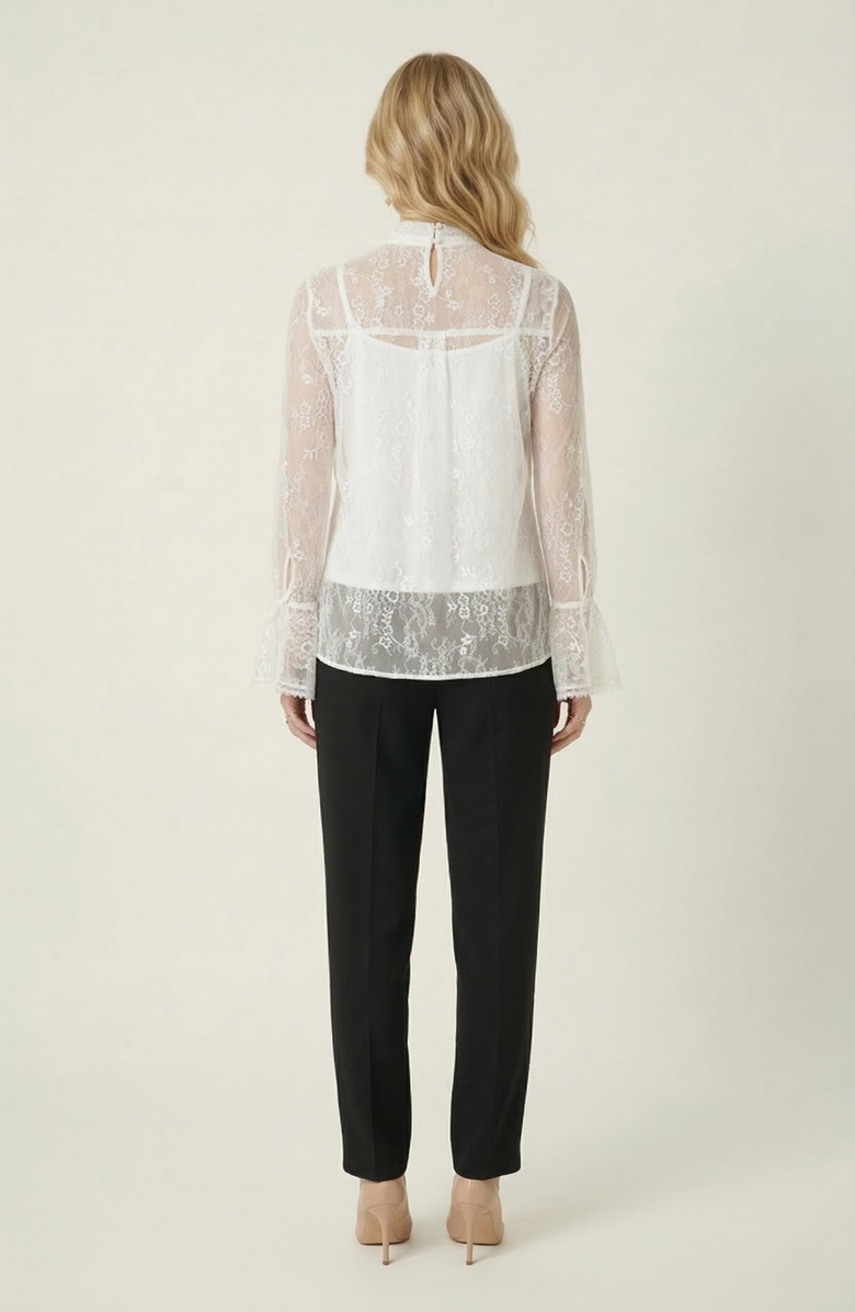 Modenaire Sheer Lace Bow Tie Neck Ruffle Front Detail Blouse, Alternate, color, White