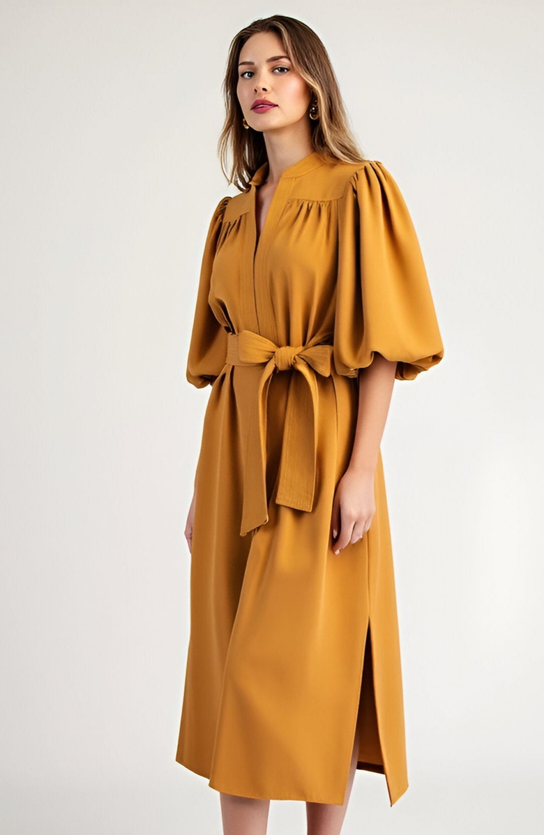 Modenaire Puff Sleeve Midi Dress with Belt, Alternate, color, Black