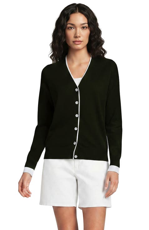 Double Trim Cotton V Neck Cardigan Sweater