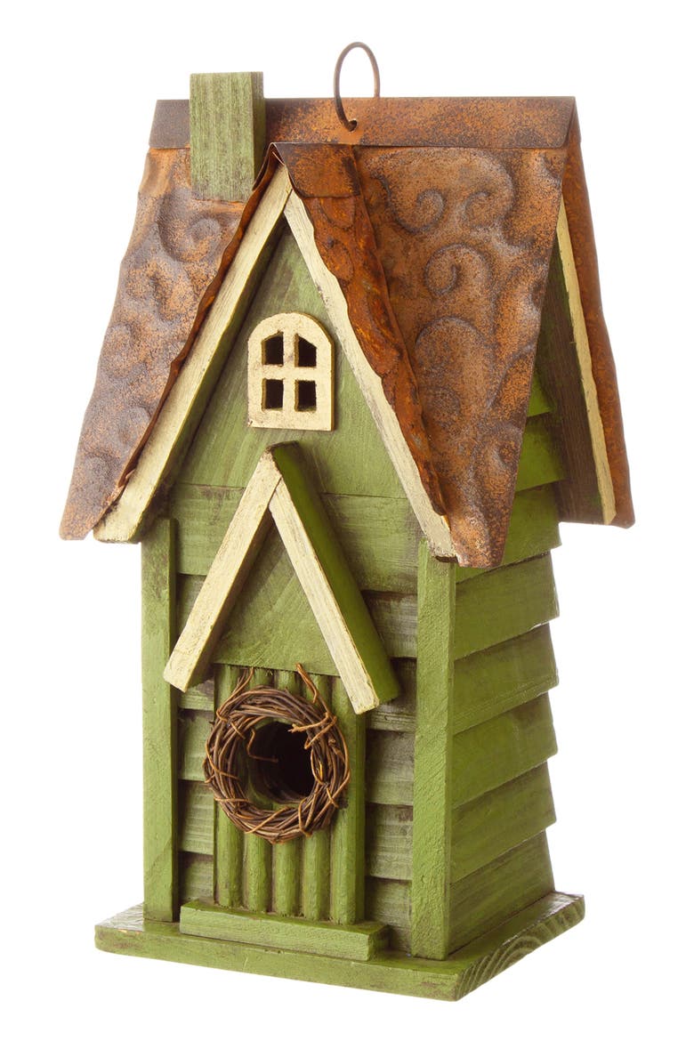 12"H Retro Distressed Painted Solid Wood Cottage Birdhouse, Main, color, Green