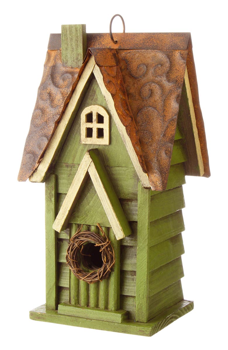 Glitzhome 12"H Retro Distressed Painted Solid Wood Cottage Birdhouse, Main, color, Green