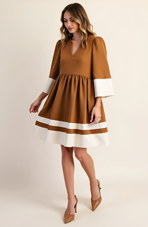 Modenaire Fit-and-flare Mini V-neck Cuffed-sleeve Contrast-trim Dress In Brown
