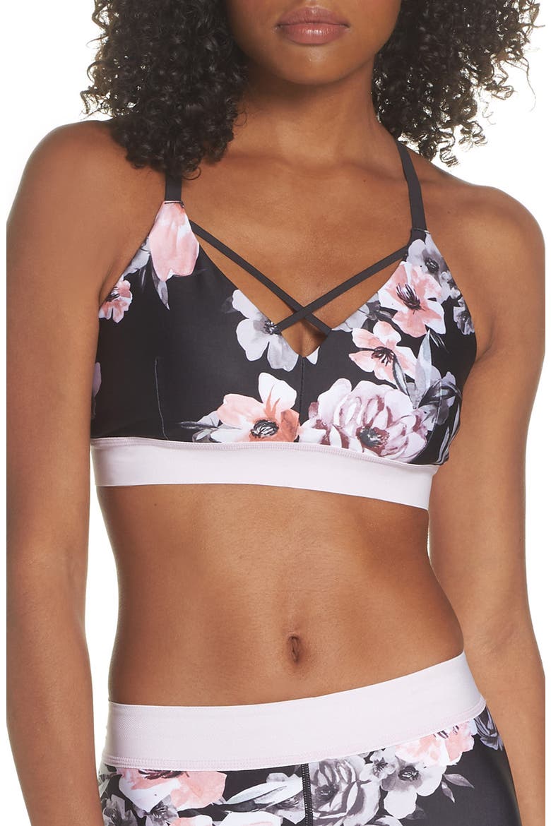 Sneak Peek Print Sports Bra, Main, color, BLACK CLASSIC FLORAL PRINT