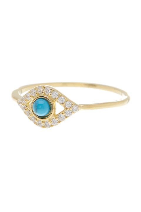 14K Yellow Gold Plated Turquoise & Swarovski Crystal Accented Evil Eye Ring