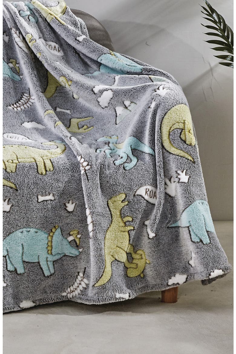 Glow in the Dark Dino Plush Throw Blanket, Main, color, GRAY/MULTI
