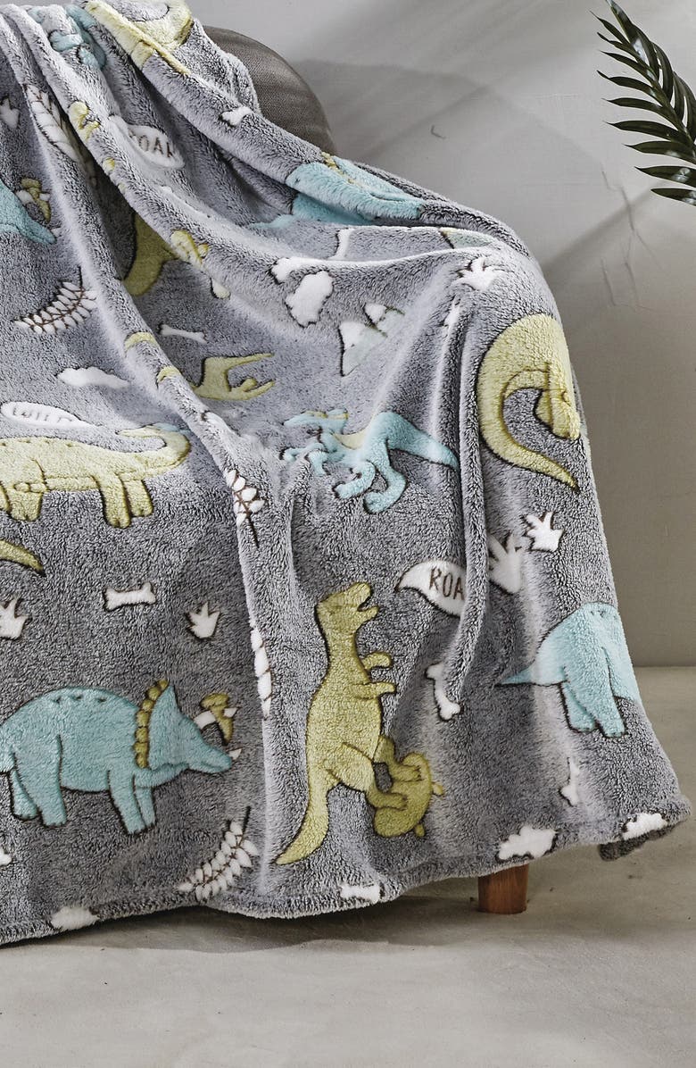 Luxury Home Glow in the Dark Dino Plush Throw Blanket, Main, color, Gray/Multi
