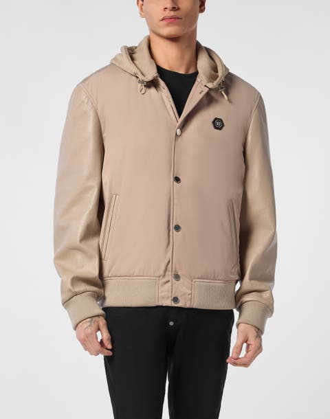 Nylon & Leather Varsity Bomber Hooded Jacket Men