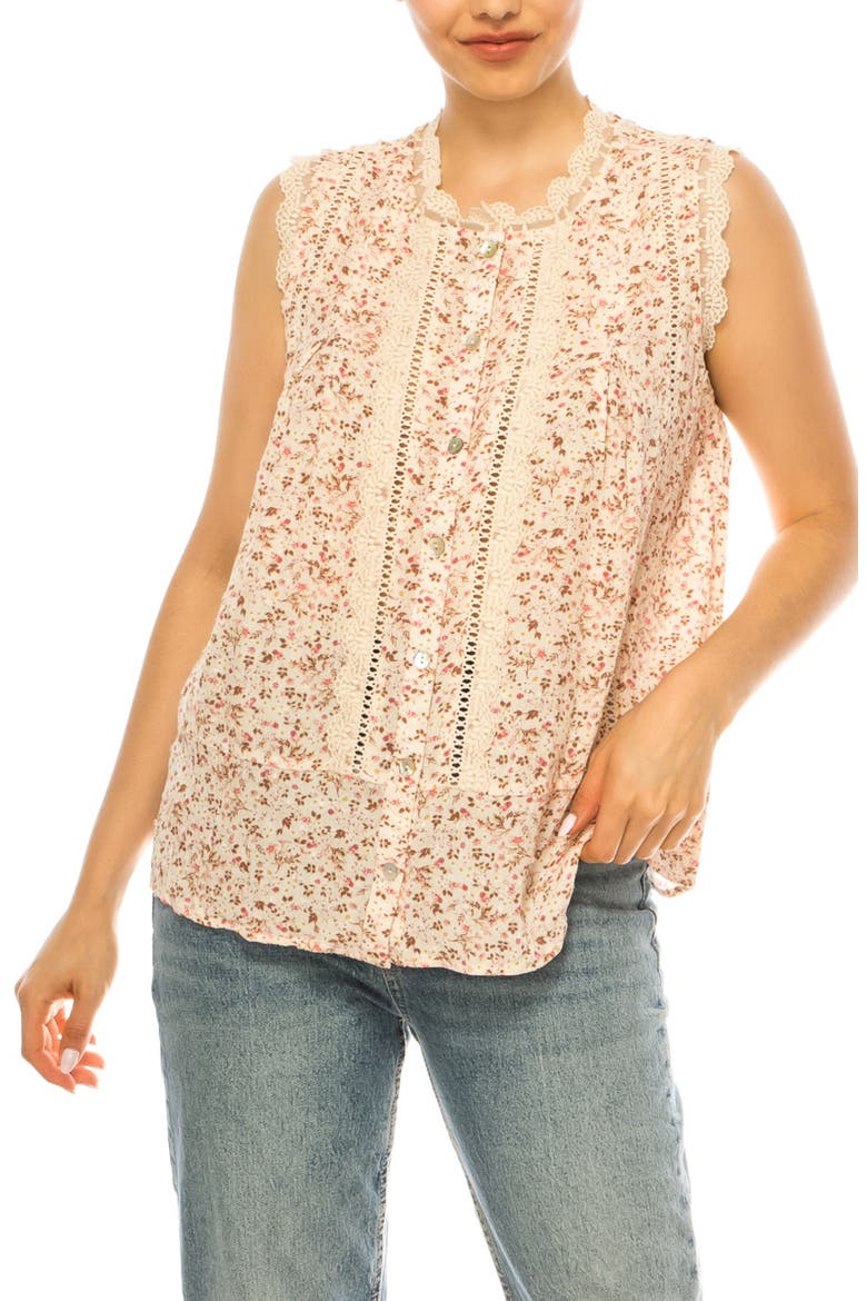 Disty Floral Lace Trim Top, Main, color, NATURAL