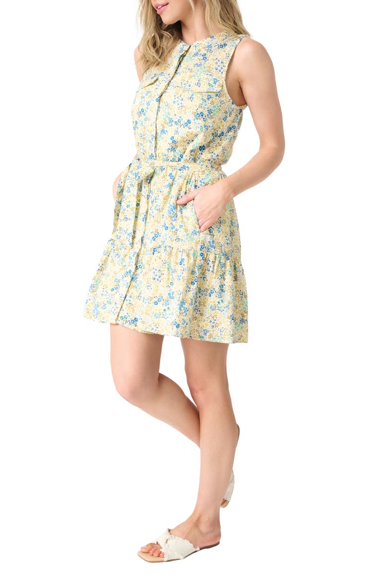 Floral Belted Cotton Blend Dress, Alternate, color, NATURAL BLUE GREEN PRINT