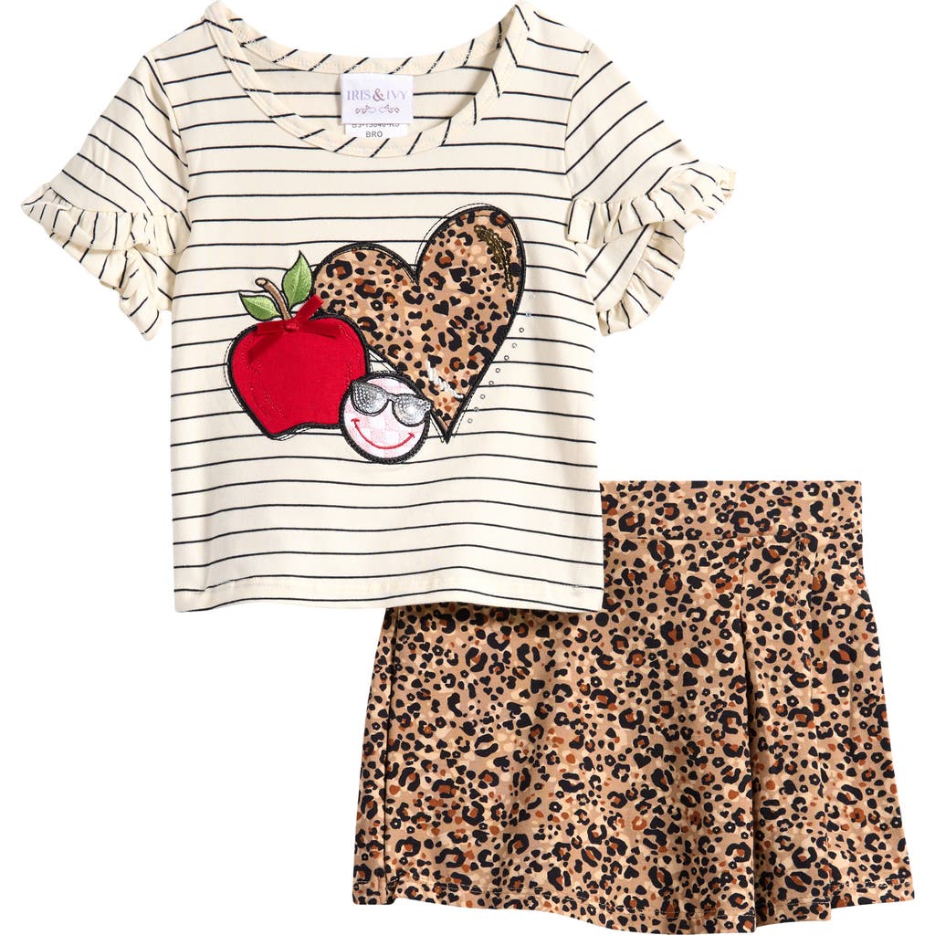 Iris & Ivy Kids' Stripe Appliqué Shirt & Leopard Print Skort Set In Brown