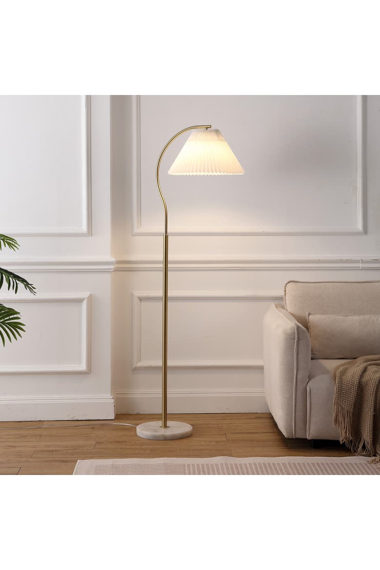 Devon Modern Glam Metal Arc LED Floor Lamp with Pleated Shade, Alternate, color, Brass Gold/Marble
