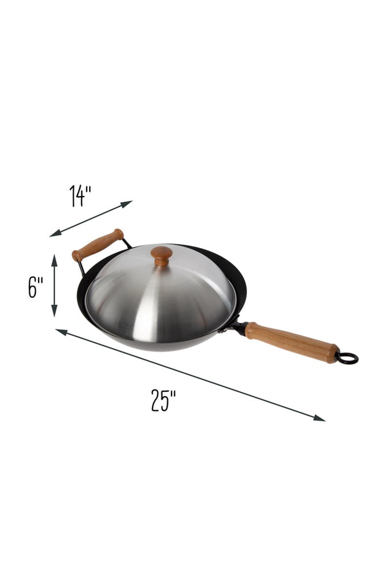 JOYCE CHEN Carbon Steel Ceramic Nonstick Flat Bottom Wok Set with Lid and Maple Handles, 10 Pieces, Alternate, color, Black