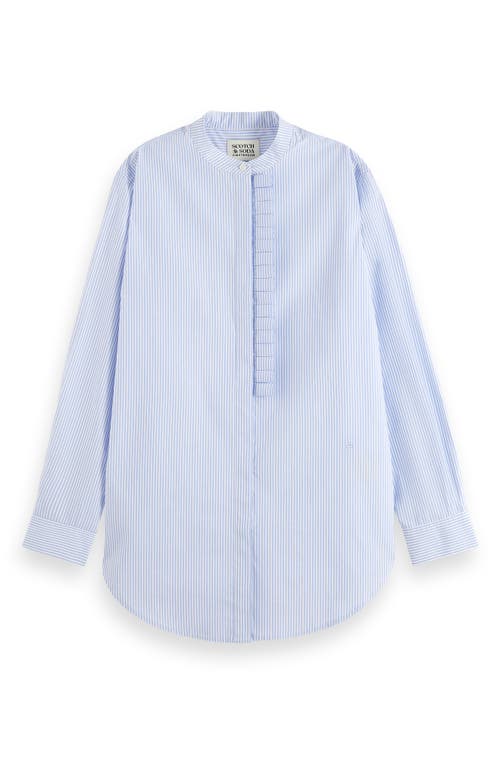 Scotch & Soda Ruffle Placket Oversize Button-up Shirt In Mystic Blue And White Stripes