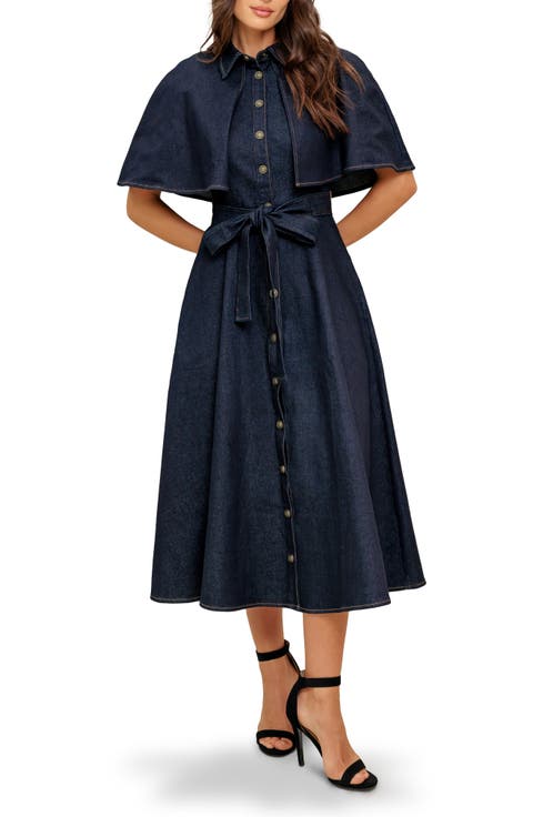 Cape Sleeve Denim Midi Shirtdress