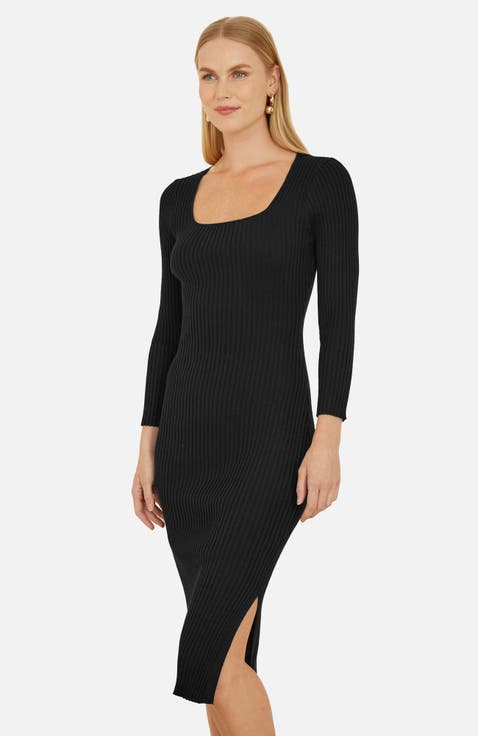 Side Split Fitted Knit Midi Dress