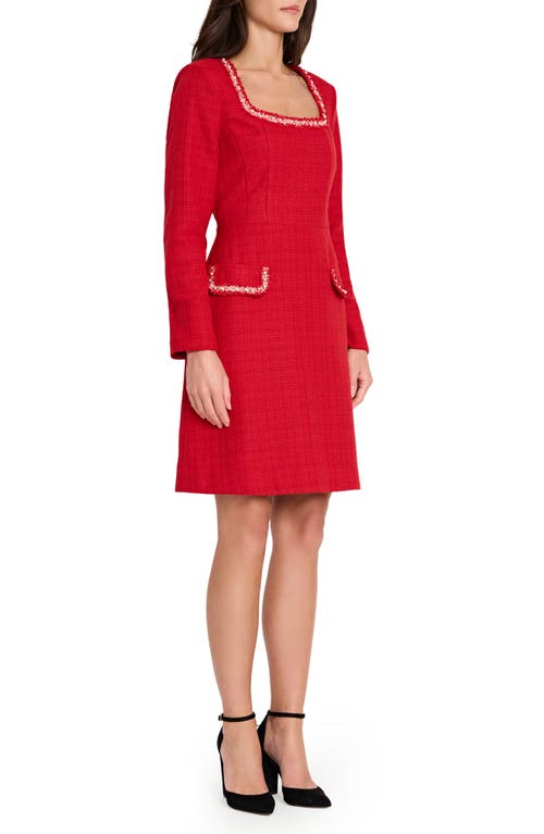 Tahari Asl Faux Pearl & Rhinestone Detail Long Sleeve Tweed Dress In Animal Print