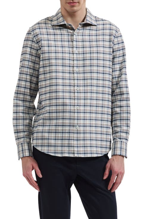 Axel Shaped Fit Plaid Cotton & Cashmere Button-Up Shirt