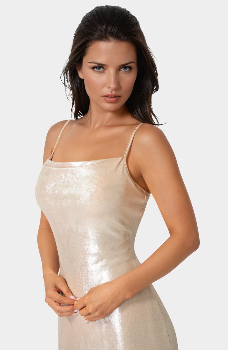 bebe Foil Metallic Midi Dress, Alternate, color, Beige Silver