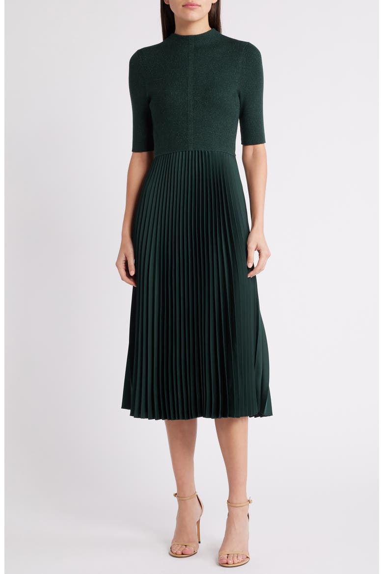 Fireanami Shimmer Sweater Dress with Plissé Skirt, Main, color, OPEN GRN