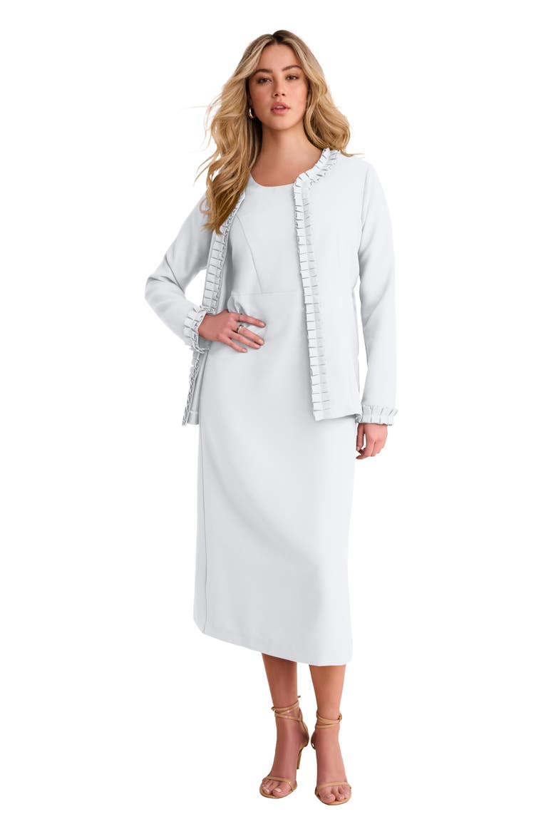 Plus Size Long Sleeve Pleated Jacket Dress Set Elegant 2 Piece Sheath Suit, Main, color, WHITE