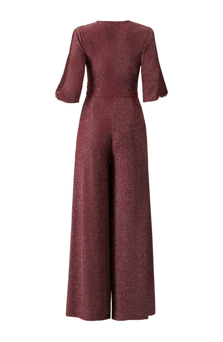 IVONNE Shimmering V-Neck Jumpsuit with 3/4 Sleeves, Alternate, color, Wine