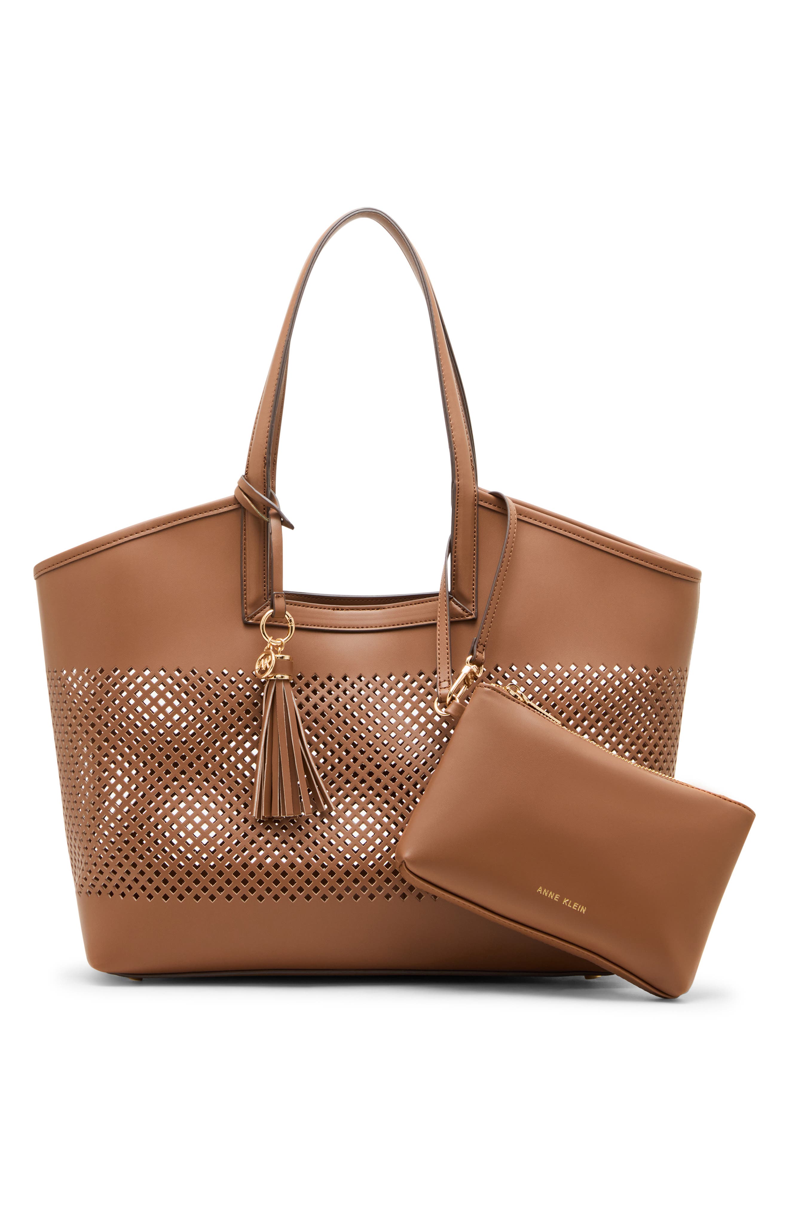 Anne Klein Large Perforated Tote Bag, Alternate, color, Chestnut Metallic Gold