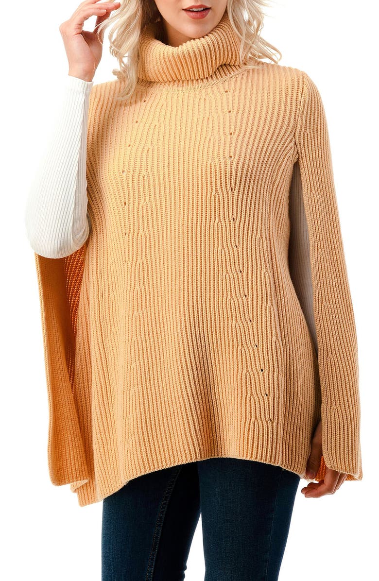MARCUS ADLER Ribbed Turtleneck Poncho, Main, color, Camel