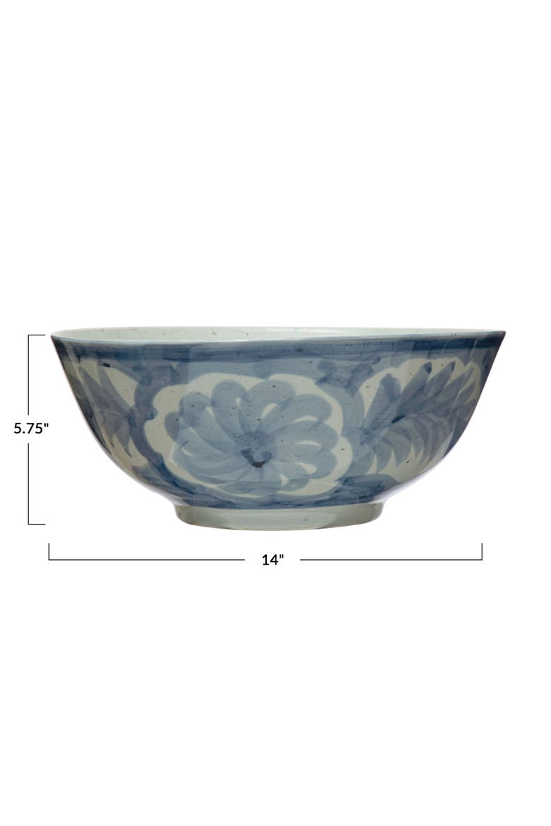 Hand Painted Stoneware Bowl with Floral Design, Blue and White, Alternate, color, Blue
