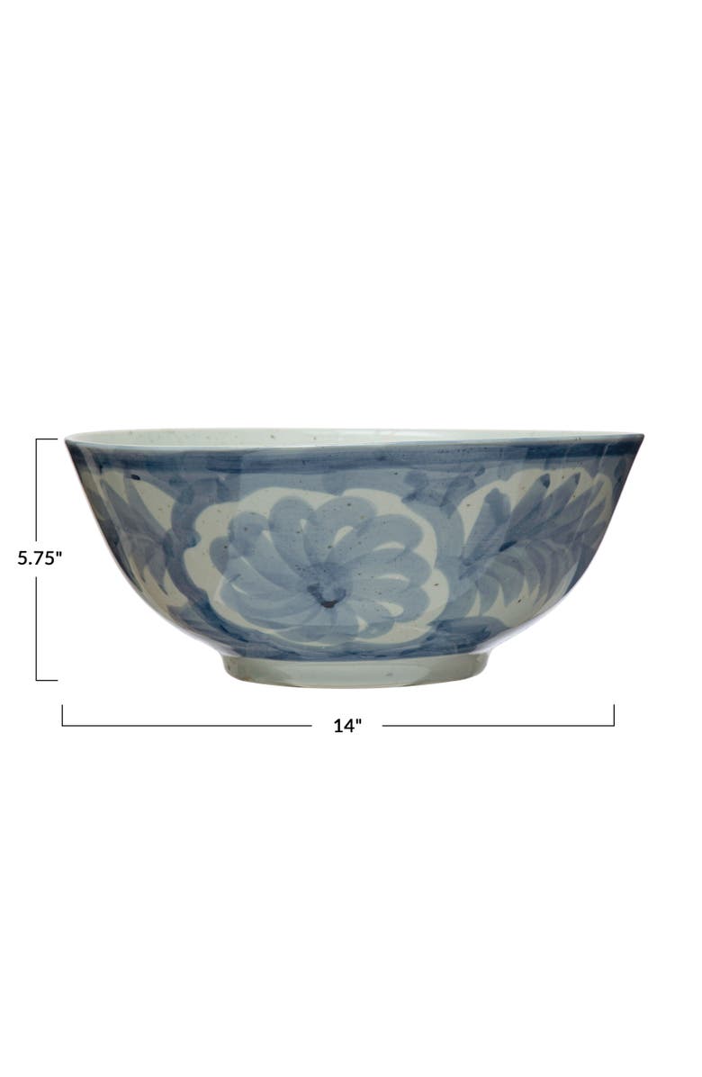 Storied Home Hand Painted Stoneware Bowl with Floral Design, Blue and White, Alternate, color, Blue