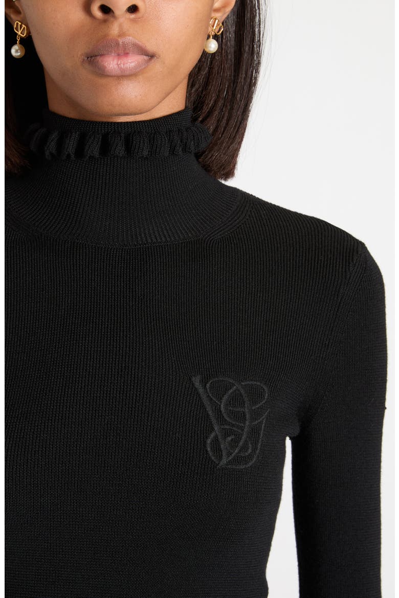 Ruffle Trim Rib Virgin Wool Sweater, Alternate, color, BLACK