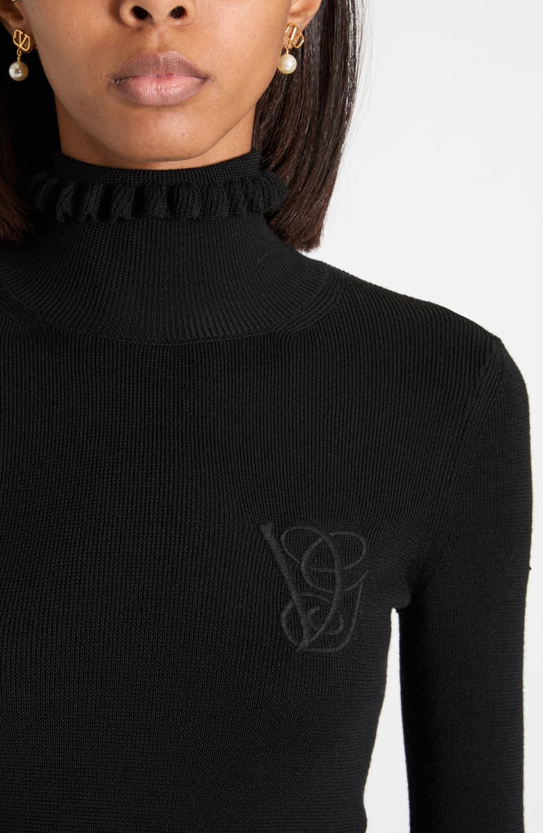 Valentino Garavani Ruffle Trim Rib Virgin Wool Sweater, Alternate, color, Black