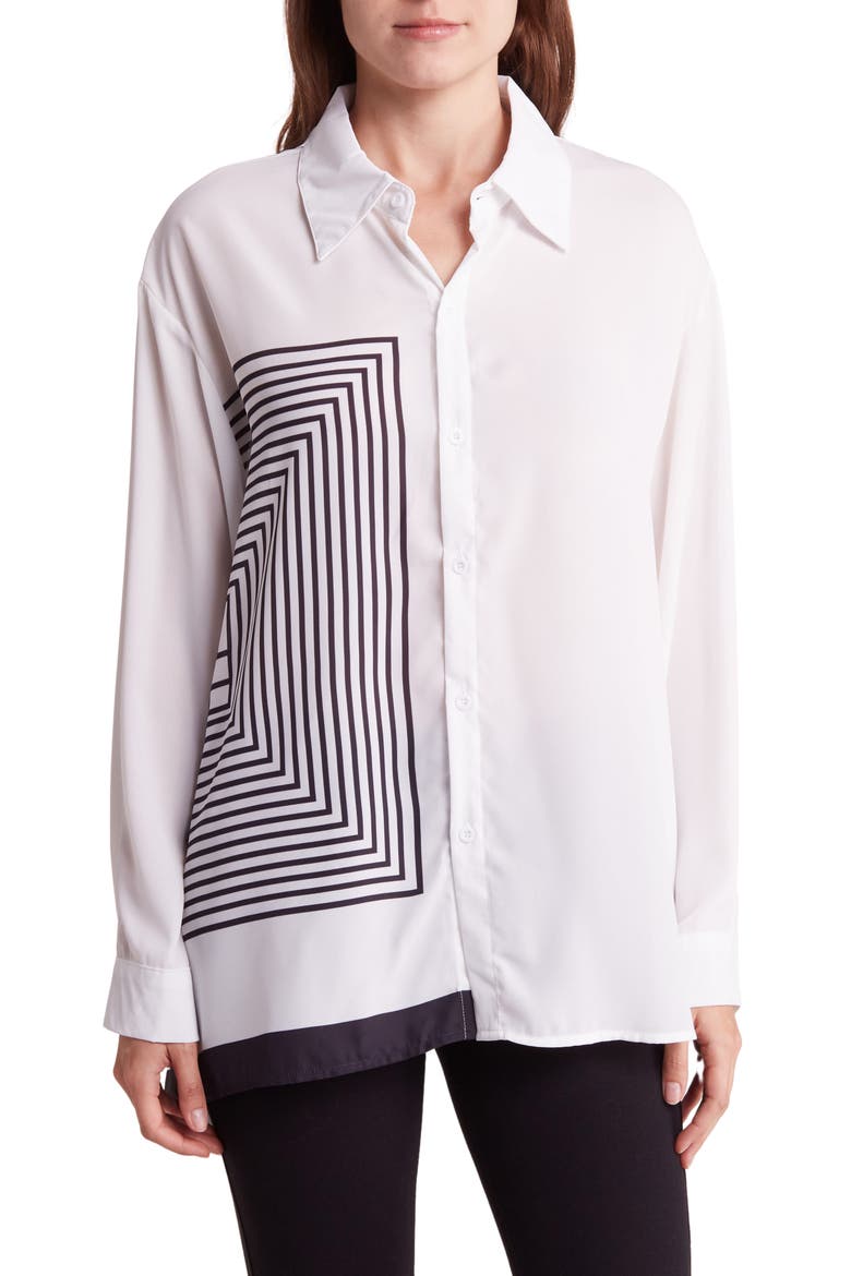 Geo Print Asymmetric Long Sleeve Button-Up Shirt, Main, color, OFF WHITE