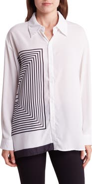 PATRIZIA LUCA Geo Print Asymmetric Long Sleeve Button-Up Shirt