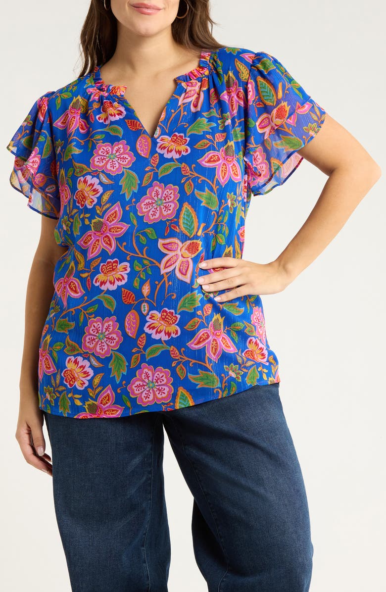 SUGARLIPS Wendey Metallic Floral Print Top, Main, color, Blue-Multi