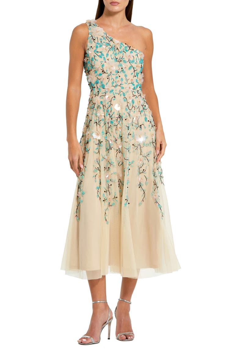 Women's Floral Embellished Mesh One Shoulder Midi Dress, Main, color, Nude Multi