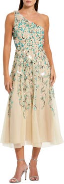 Mac Duggal Floral Embellished Mesh One Shoulder Midi Dress