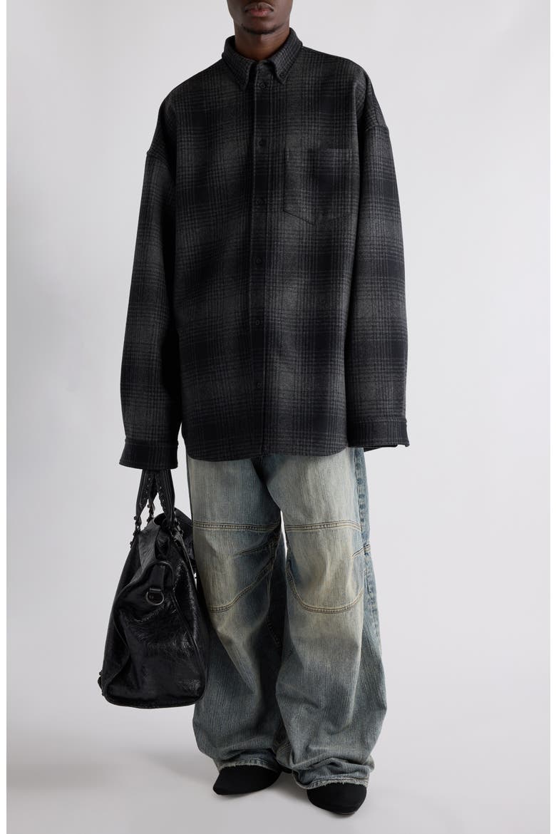 Oversize Plaid Wool Blend Flannel Button-Down Shirt, Alternate, color, 1262 GREY/ BLACK