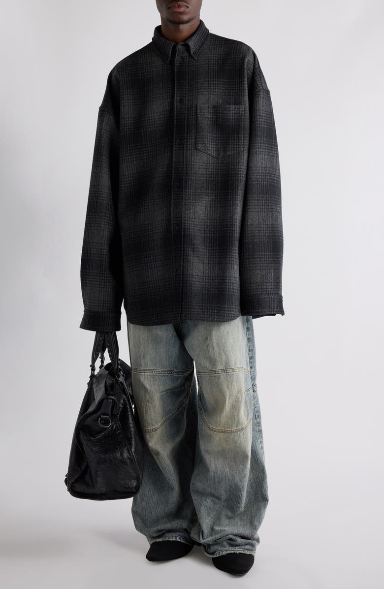 Balenciaga Oversize Plaid Wool Blend Flannel Button-Down Shirt, Alternate, color, 1262 Grey/ Black
