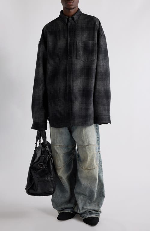 Balenciaga Oversize Plaid Wool Blend Flannel Button-down Shirt In Black