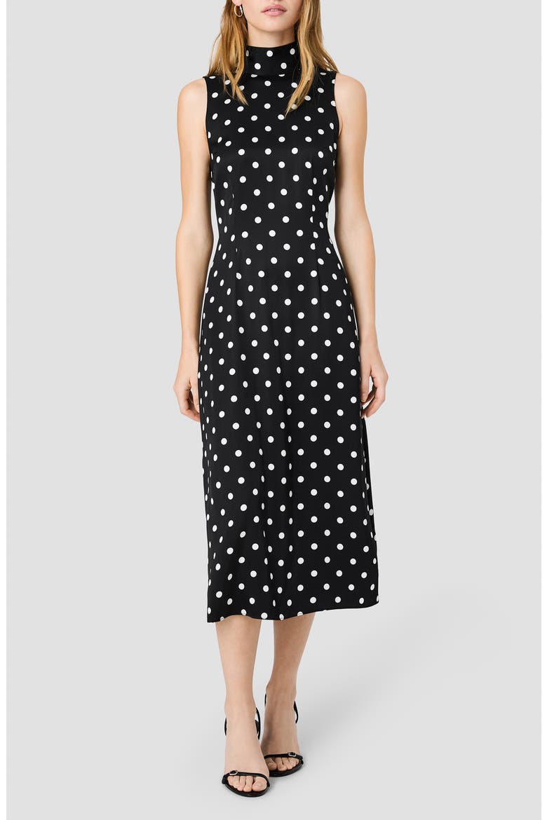 Ennis Sleeveless Satin Midi Dress, Main, color, BLACK/ WHITE POLKA DOT