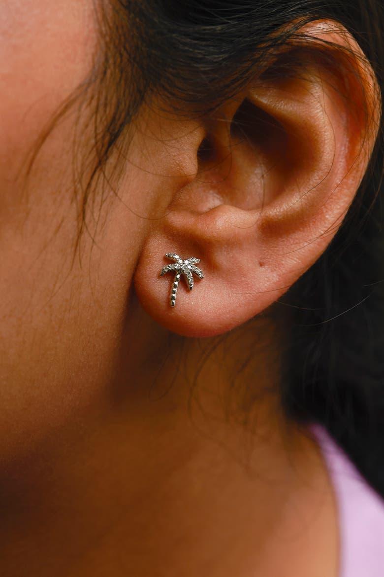 10K White Gold 1/10 Ct Diamond Encrusted Palm Tree Stud Earrings, Alternate, color, White