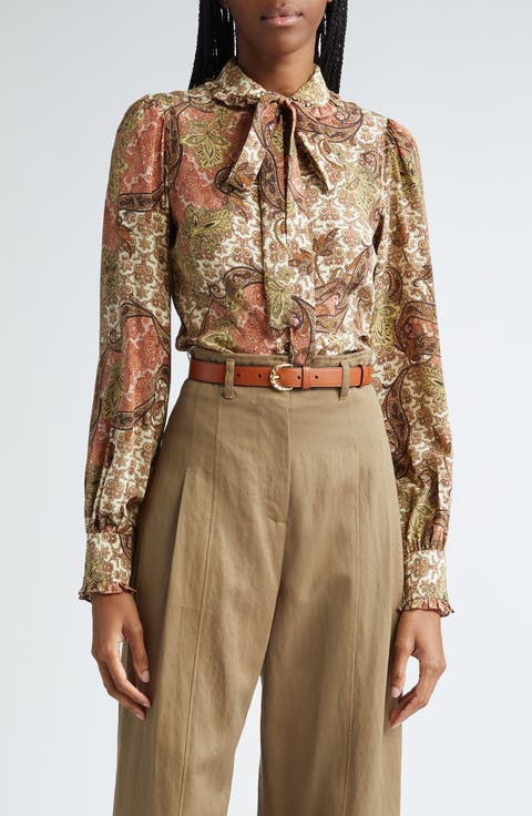 Vedra Tie Neck Button-Up Silk Top